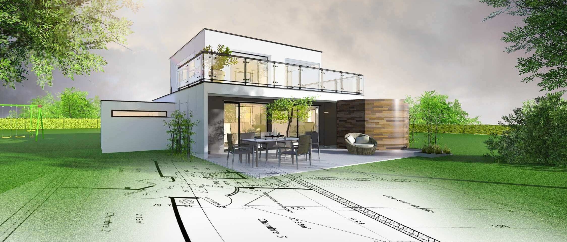 Architectural design of family house and exterior with garden